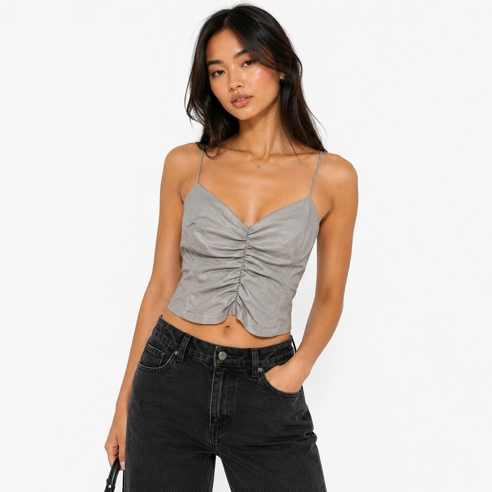 NWT Heartloom Ruched Faux Leather Camisole Top Gray Edgy Chic Size XS